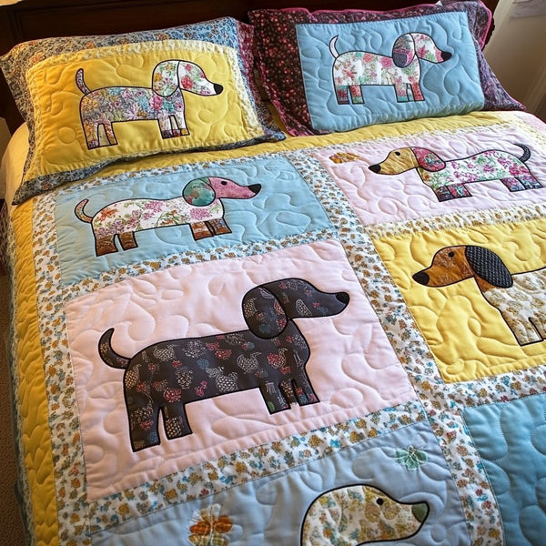 Dachshund Haven quilted 3-piece bedding set on a made bed with two matching pillow shams
