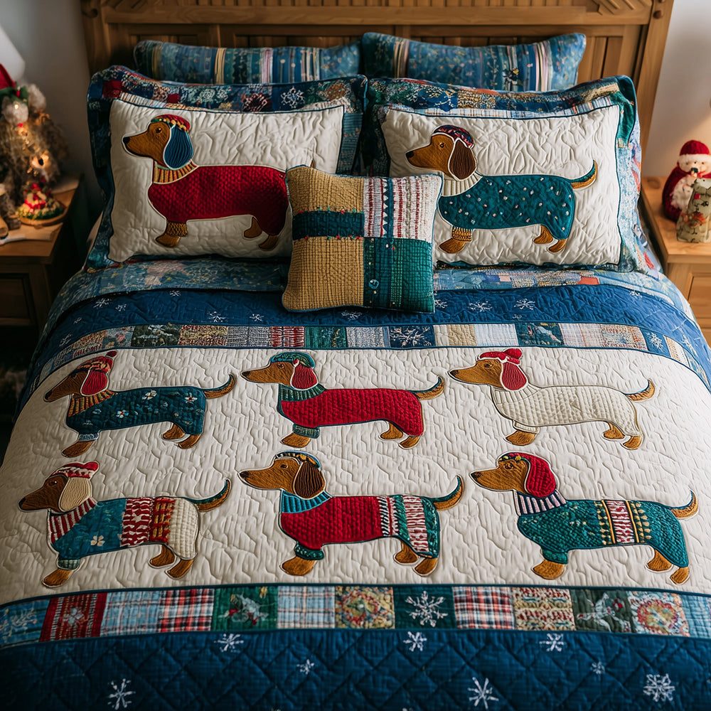 Dachshund in Knitwear quilted 3-piece bedding set on a made bed with two matching pillow shams