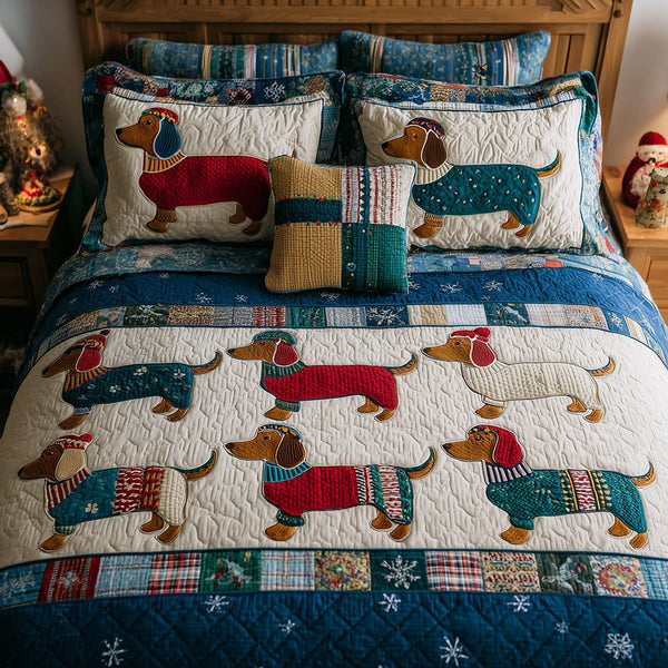 Dachshund in Knitwear quilted 3-piece bedding set on a made bed with two matching pillow shams