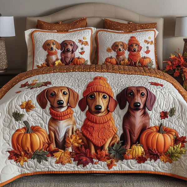 Dachshund in Leaves quilted 3-piece bedding set on a made bed with two matching pillow shams