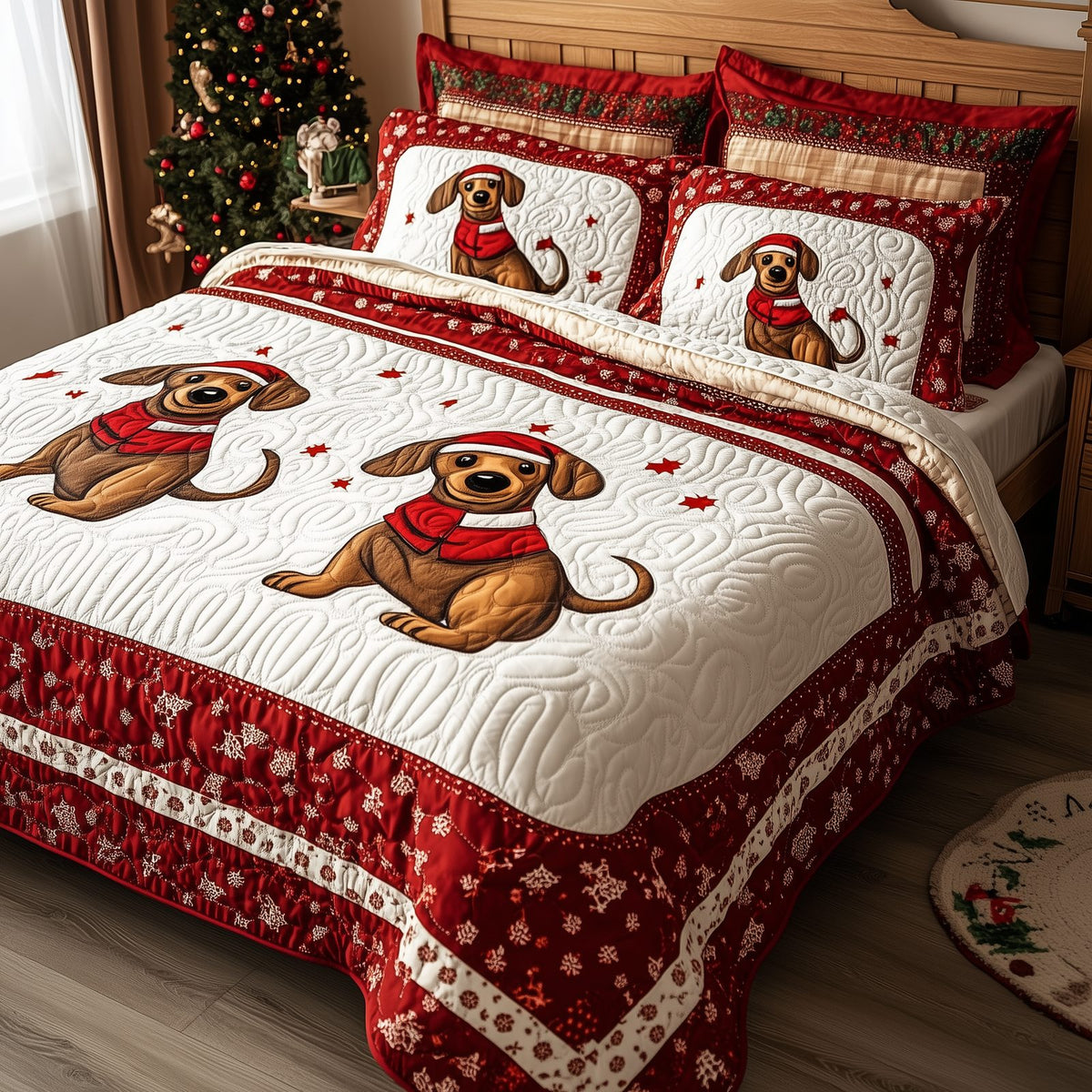 Dachshund in Santa Suit quilted 3-piece bedding set on a made bed in a winter-styled bedroom