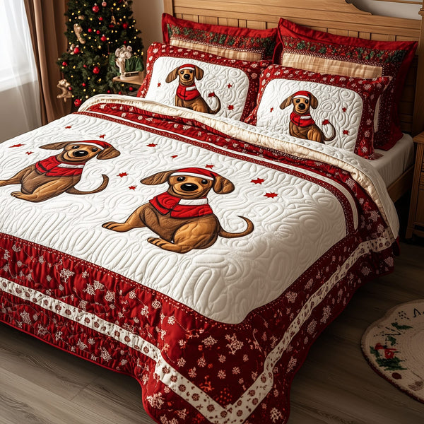 Dachshund in Santa Suit quilted 3-piece bedding set on a made bed in a winter-styled bedroom