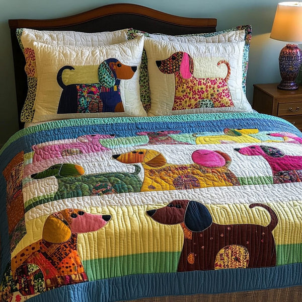 Dachshund Love quilted 3-piece bedding set on a made bed with two matching pillow shams