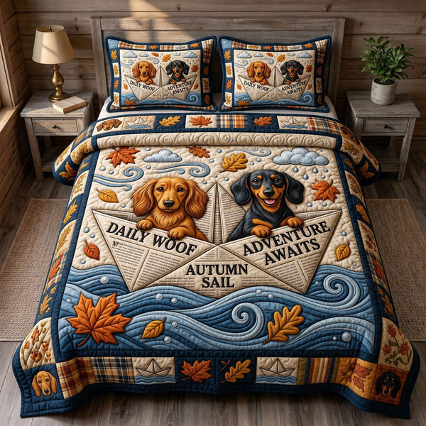 Dachshund Lover quilted 3-piece bedding set on a made bed with two matching pillow shams