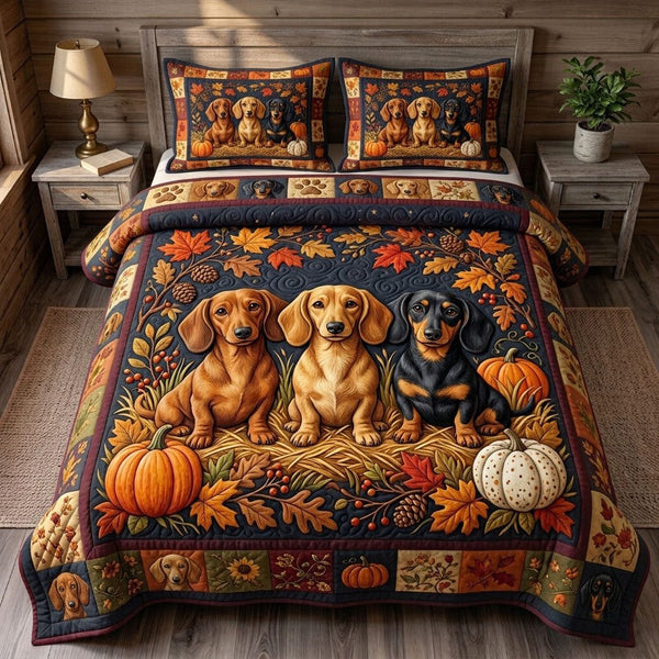 Dachshund Lover quilted 3-piece bedding set on a made bed with two matching pillow shams