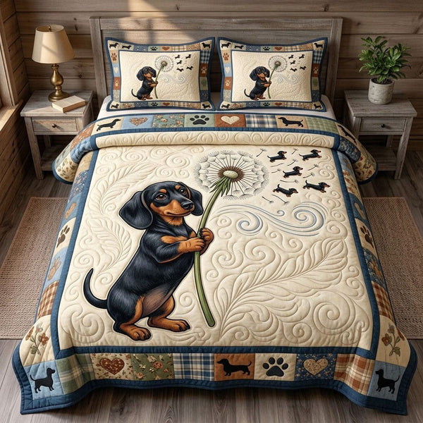 Dachshund Lover quilted 3-piece bedding set on a made bed with two matching pillow shams