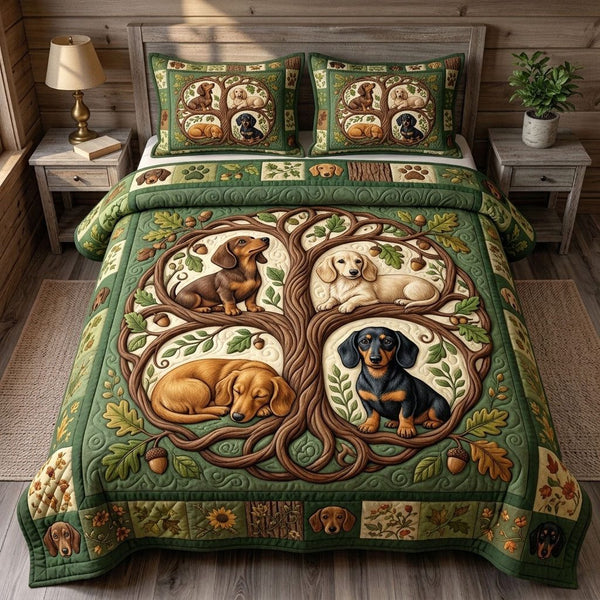 Dachshund Lover quilted 3-piece bedding set on a made bed with two matching pillow shams