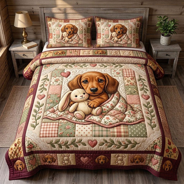 Dachshund Lover quilted 3-piece bedding set on a made bed with two matching pillow shams