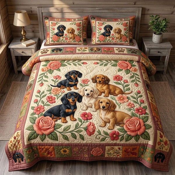 Dachshund Lover quilted 3-piece bedding set on a made bed with two matching pillow shams