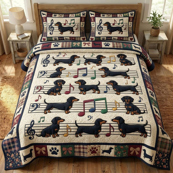 Dachshund Lover quilted 3-piece bedding set on a made bed with two matching pillow shams