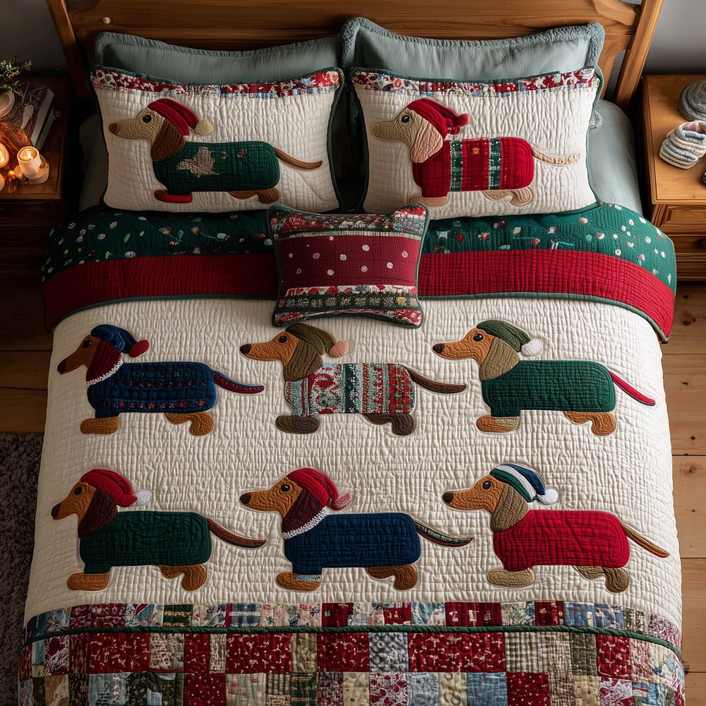 Dachshund Pajama Jam quilted 3-piece bedding set on a made bed with two matching pillow shams
