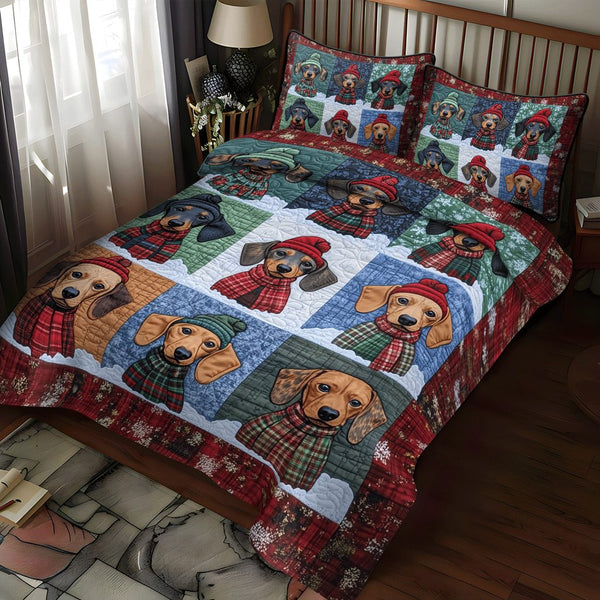Dachshund Parade quilted 3-piece bedding set on a made bed with two matching pillow shams