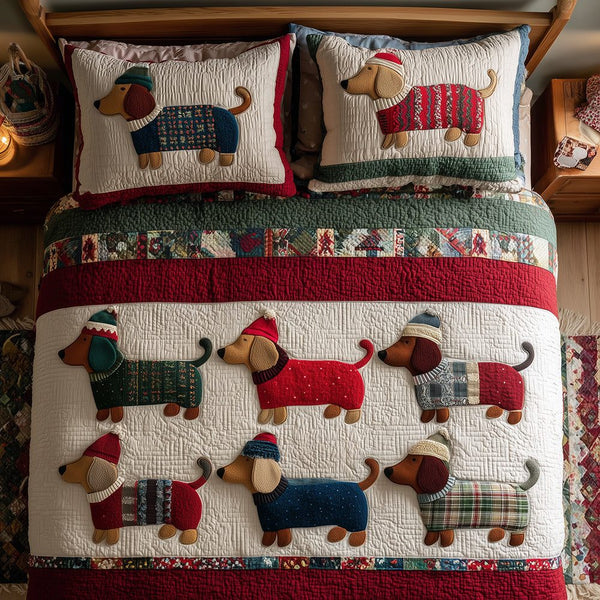 Dachshund Parade quilted 3-piece bedding set on a made bed with two matching pillow shams