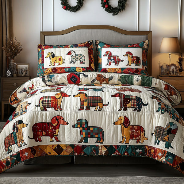 Dachshund quilted 3-piece bedding set on a made bed with two matching pillow shams