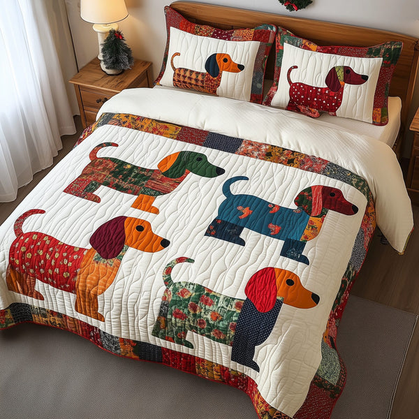 Dachshund quilted 3-piece bedding set on a made bed with two matching pillow shams