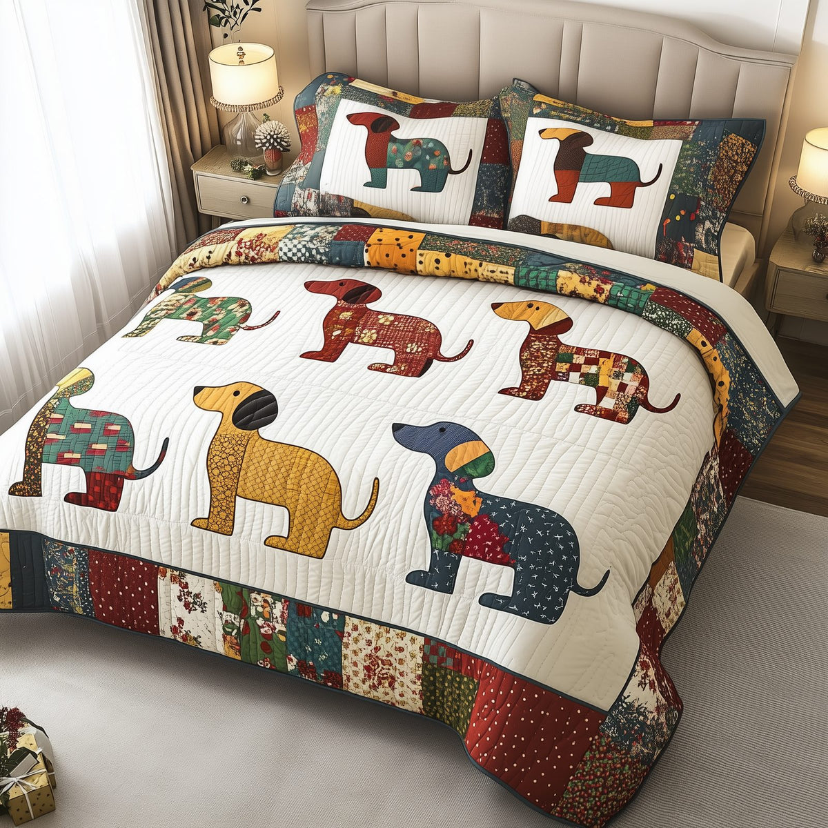 Dachshund quilted 3-piece bedding set on a made bed with two matching pillow shams