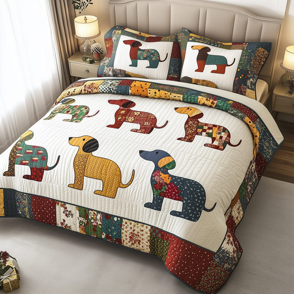 Dachshund quilted 3-piece bedding set on a made bed with two matching pillow shams