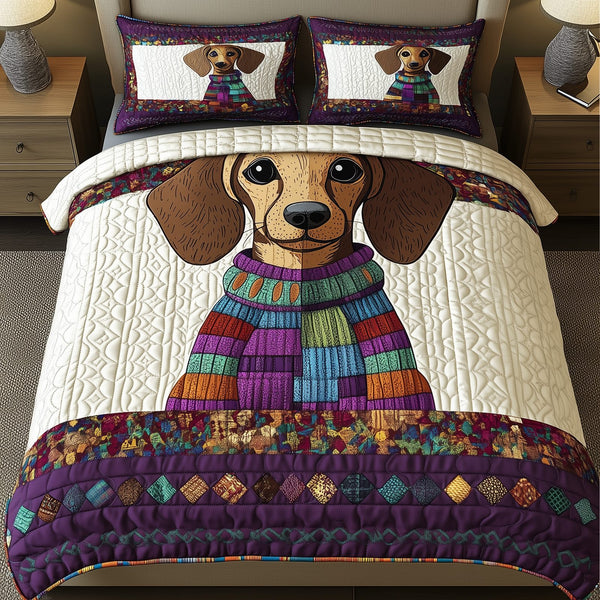 Dachshund quilted 3-piece bedding set on a made bed with two matching pillow shams
