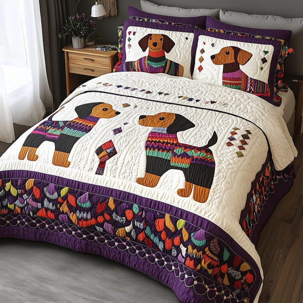 Dachshund quilted 3-piece bedding set on a made bed with two matching pillow shams