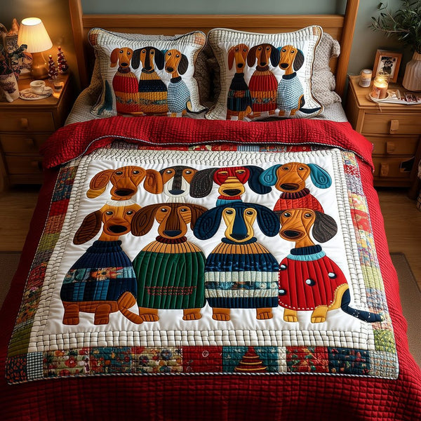 Dachshund Slumber Party quilted 3-piece bedding set on a made bed with two matching pillow shams