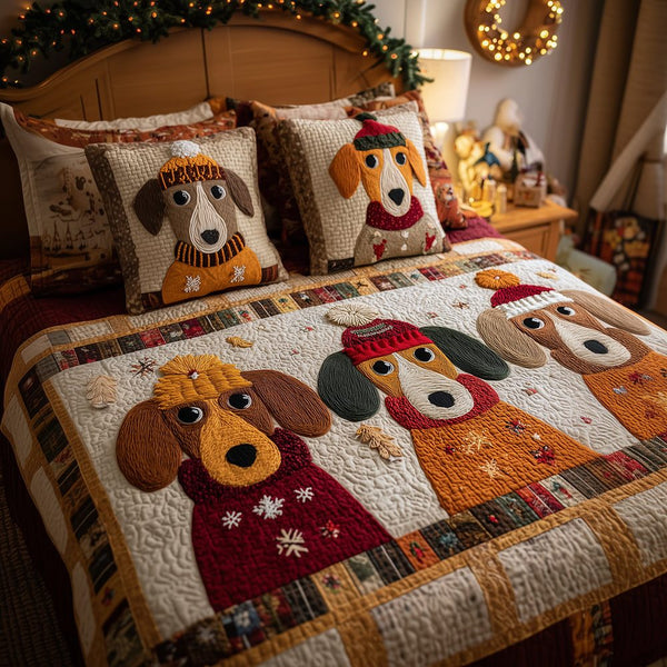 Dachshund Snuggle Gang quilted 3-piece bedding set on a made bed with two matching pillow shams