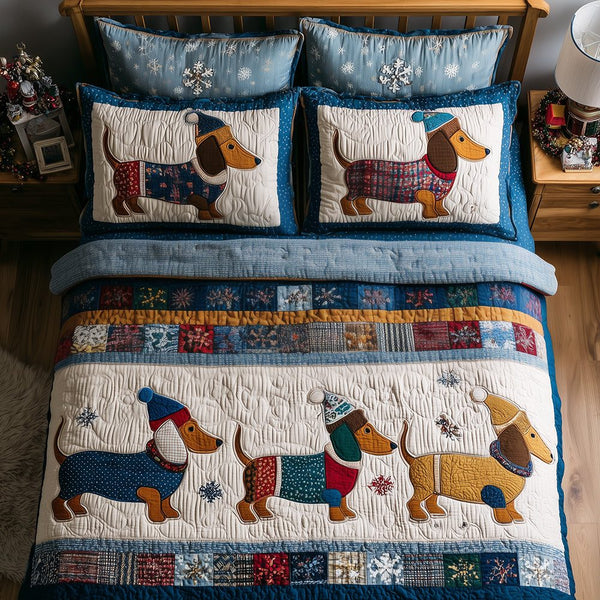 Dachshund Sweater Weather quilted 3-piece bedding set on a made bed with two matching pillow shams