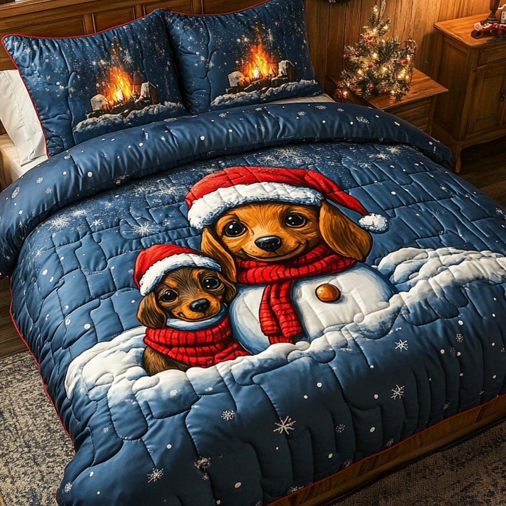 Dachshund Winter Pair quilted 3-piece bedding set on a made bed in a winter-styled bedroom