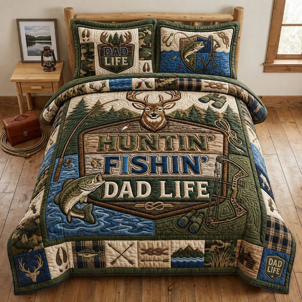 Dad Life quilted 3-piece bedding set on a made bed with two matching pillow shams