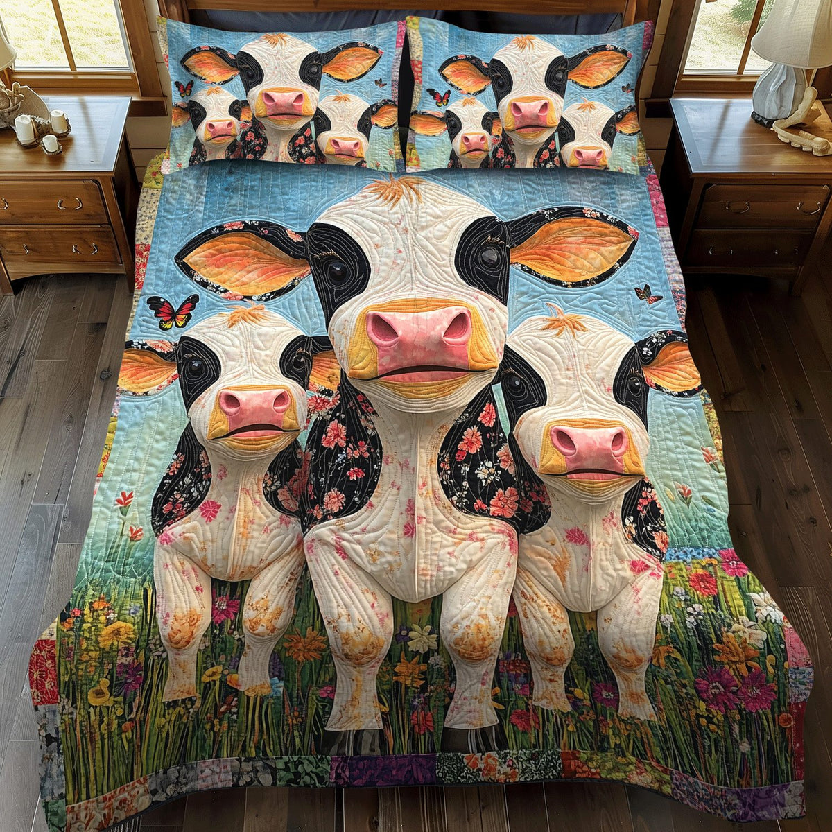Dairy Buddies quilted 3-piece bedding set on a made bed with two matching pillow shams