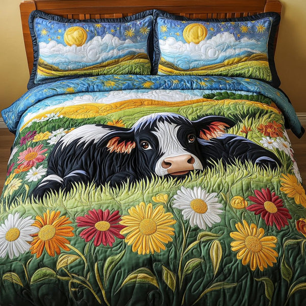 Dairy Charm quilted 3-piece bedding set on a made bed with two matching pillow shams