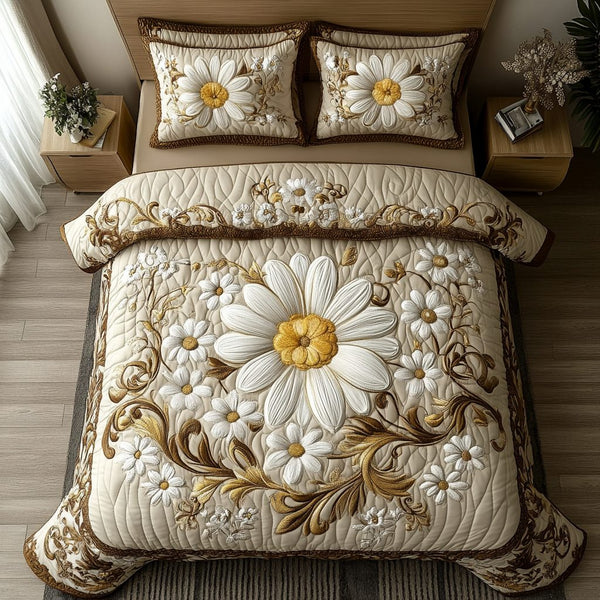 Daisy Bliss quilted 3-piece bedding set on a made bed with two matching pillow shams