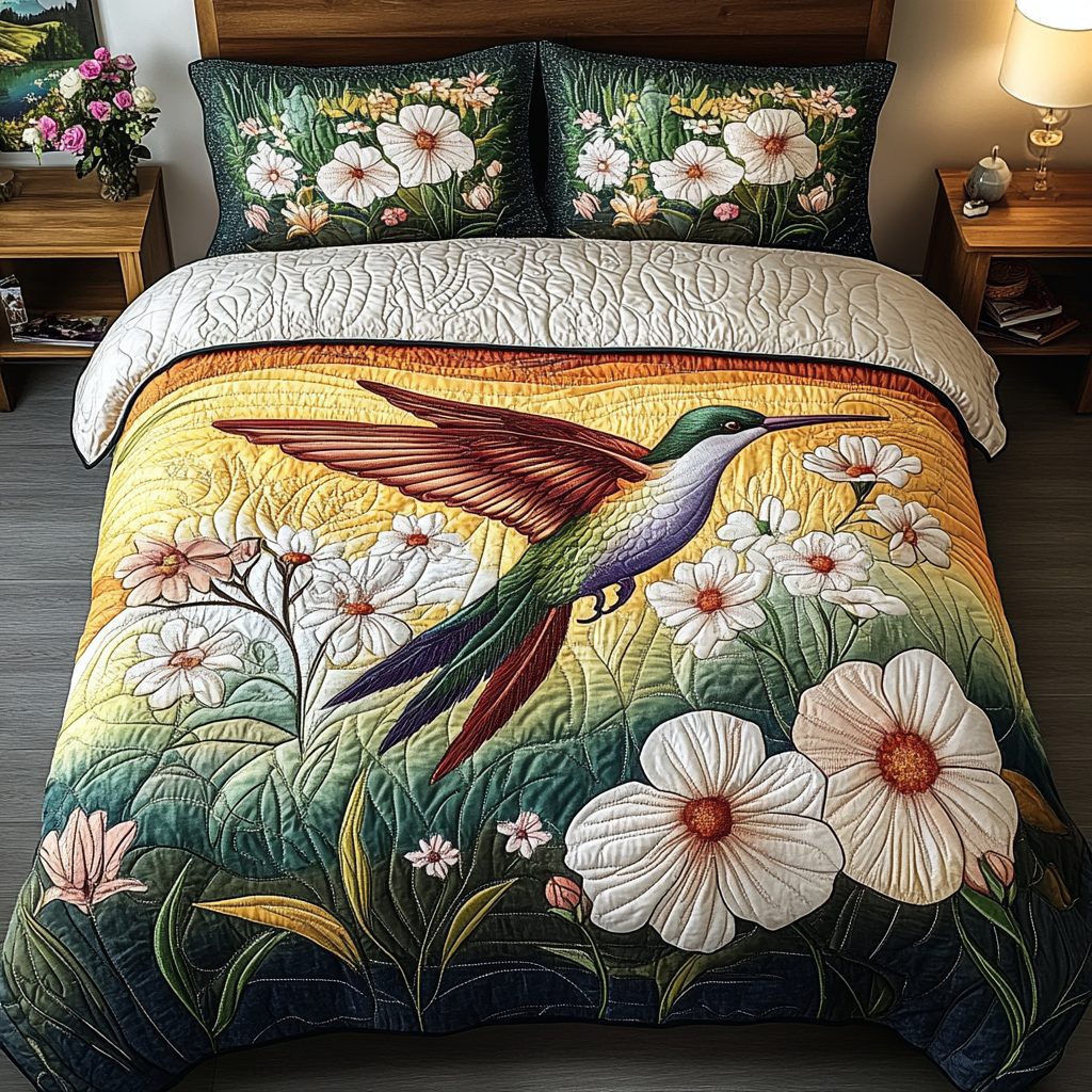 Daisy Breeze quilted 3-piece bedding set on a made bed with two matching pillow shams