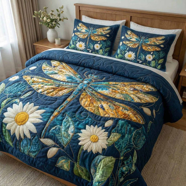 Daisy Breeze quilted 3-piece bedding set on a made bed with two matching pillow shams
