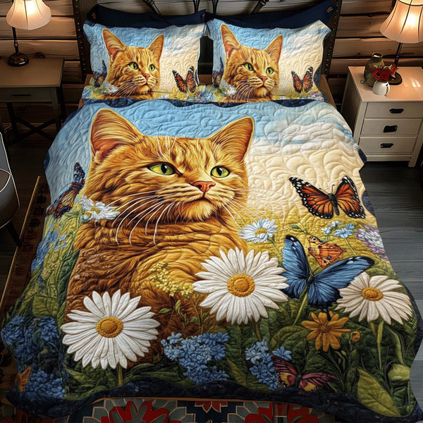 Daisy Butterflies Cat quilted 3-piece bedding set on a made bed with two matching pillow shams