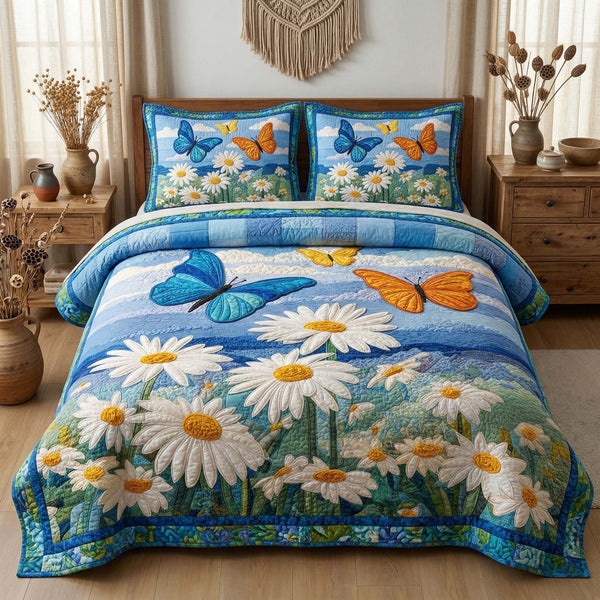 Daisy Butterflies quilted 3-piece bedding set on a made bed with two matching pillow shams