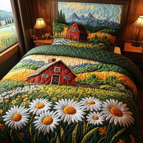 Daisy Charm quilted 3-piece bedding set on a made bed with two matching pillow shams