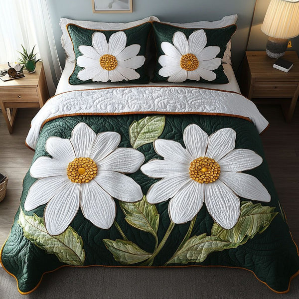 Daisy Charm quilted 3-piece bedding set on a made bed with two matching pillow shams