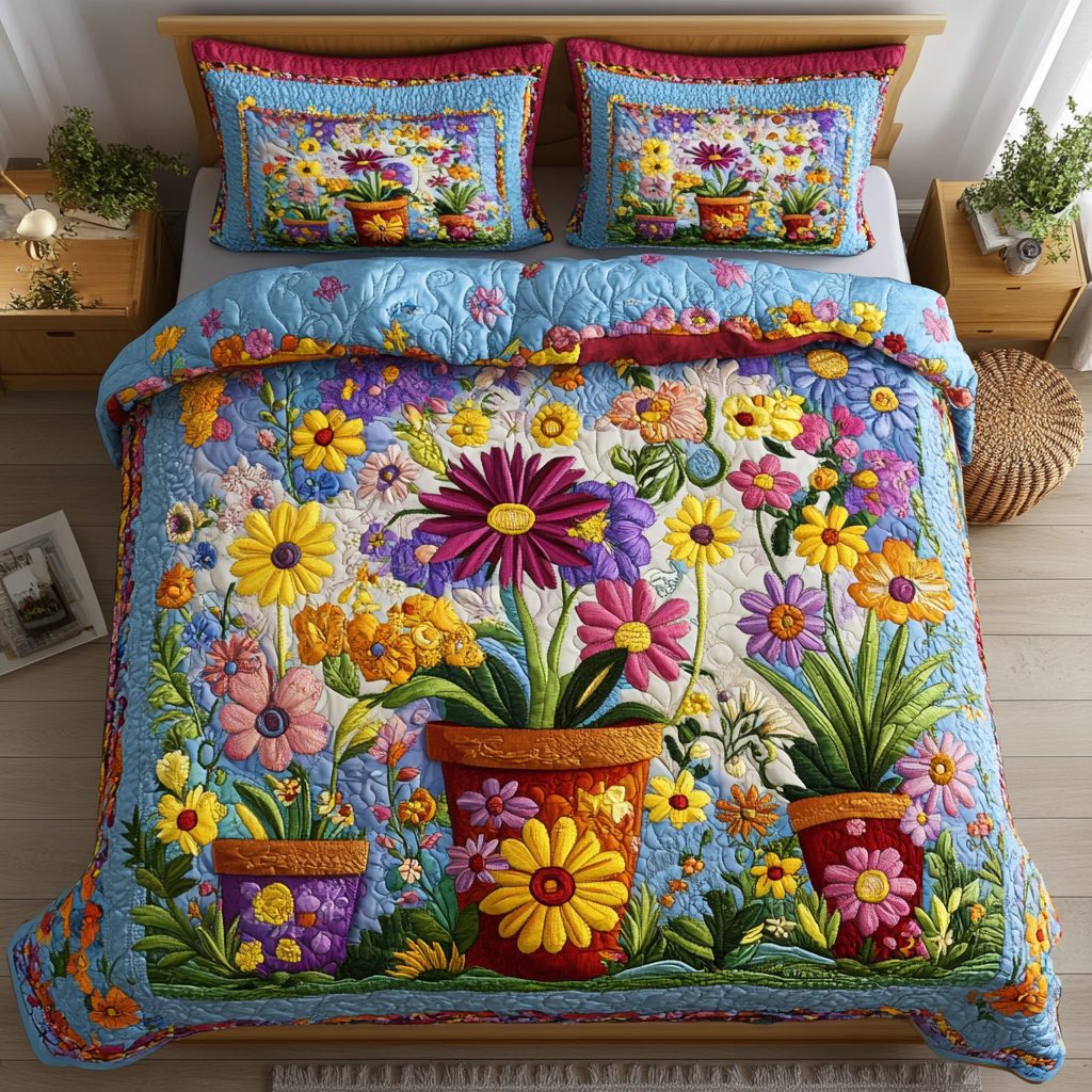 Daisy Comfort quilted 3-piece bedding set on a made bed with two matching pillow shams