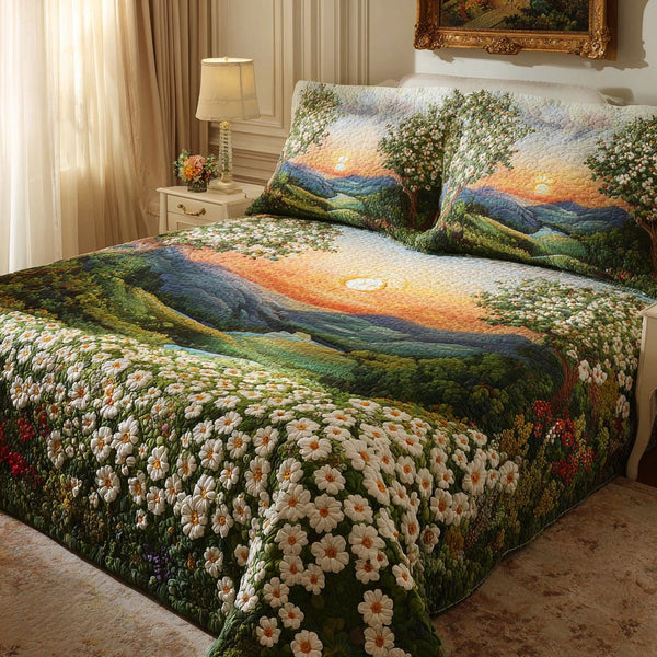 Daisy Dawn quilted 3-piece bedding set on a made bed with two matching pillow shams