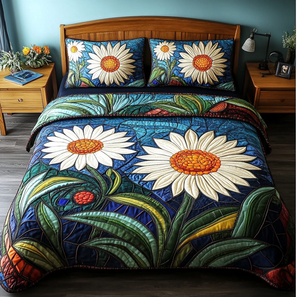 Daisy Delight quilted 3-piece bedding set on a made bed with two matching pillow shams