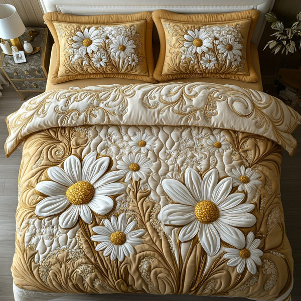 Daisy Delight quilted 3-piece bedding set on a made bed with two matching pillow shams