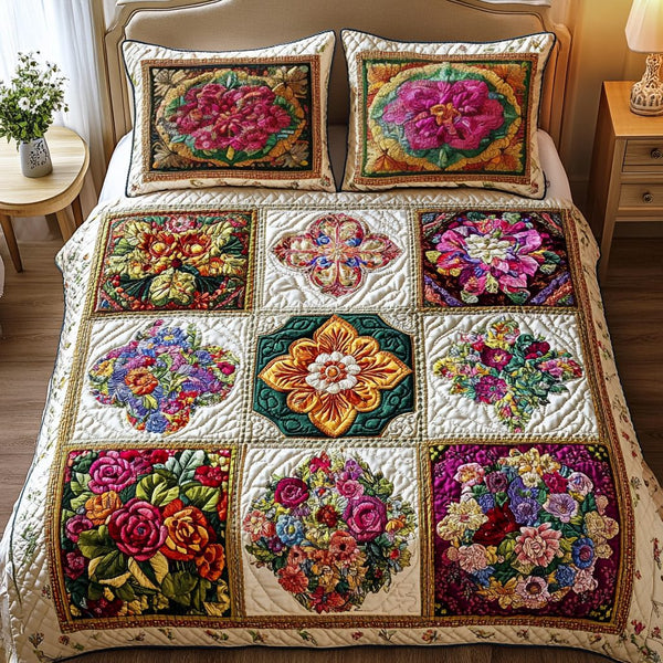 Daisy Delight quilted 3-piece bedding set on a made bed with two matching pillow shams