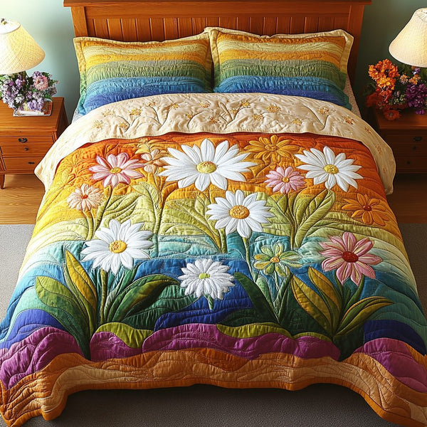 Daisy Delight quilted 3-piece bedding set on a made bed with two matching pillow shams