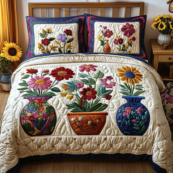 Daisy Delight quilted 3-piece bedding set on a made bed with two matching pillow shams