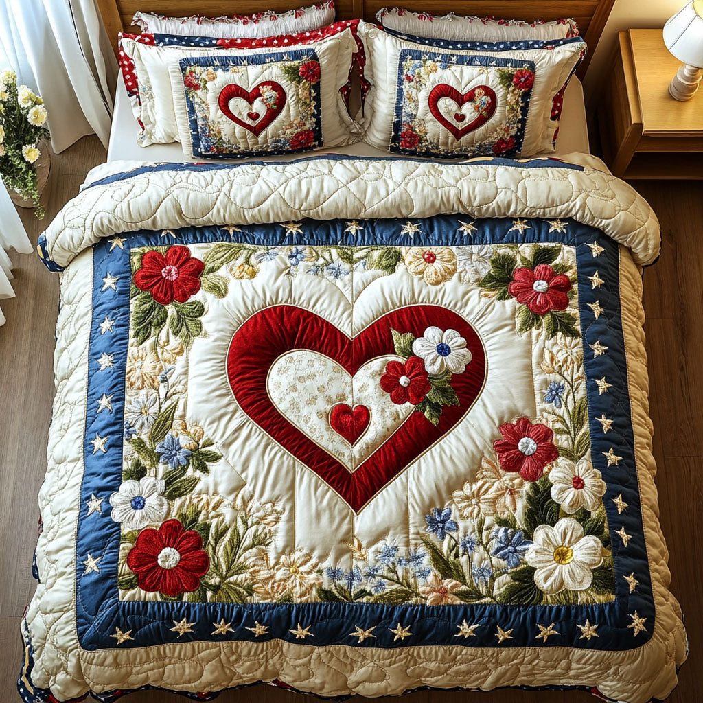 Daisy Devotion quilted 3-piece bedding set on a made bed with two matching pillow shams