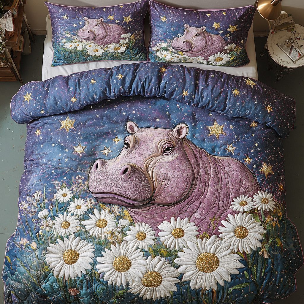 Daisy Doze quilted 3-piece bedding set on a made bed with two matching pillow shams
