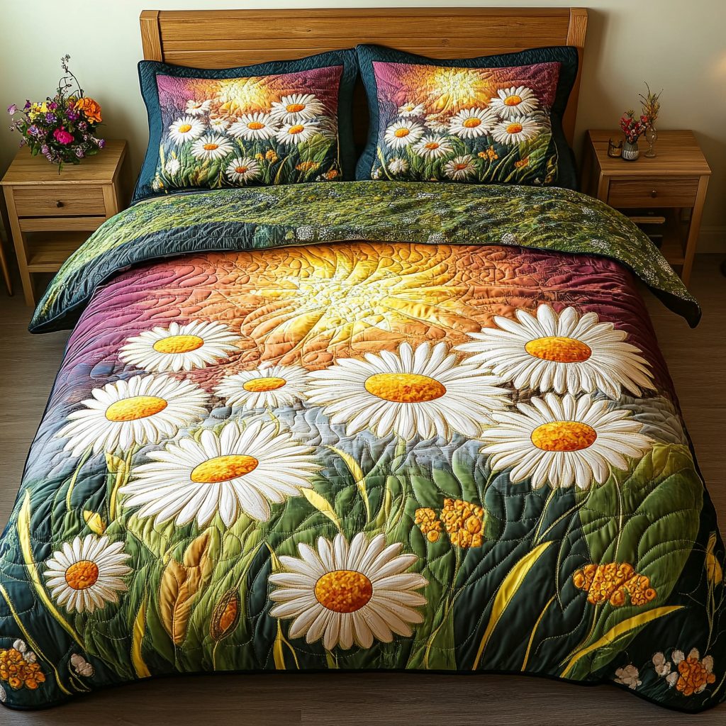 Daisy Dream quilted 3-piece bedding set on a made bed with two matching pillow shams
