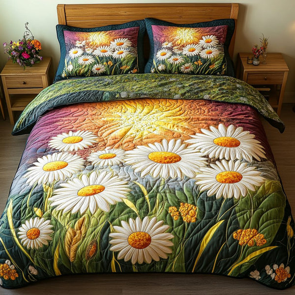 Daisy Dream quilted 3-piece bedding set on a made bed with two matching pillow shams