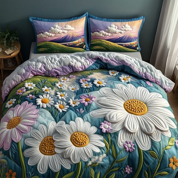 Daisy Dream quilted 3-piece bedding set on a made bed with two matching pillow shams