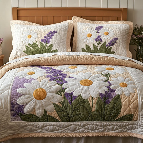 Daisy Dream quilted 3-piece bedding set on a made bed with two matching pillow shams